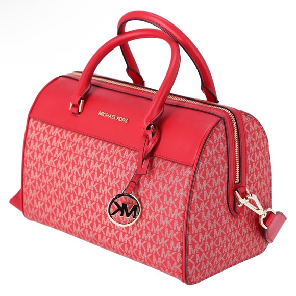 Michael Kors MK Jet Set Travel Medium Duffle Bag Satchel Bright Red MK Signature - Picture 5 of 7